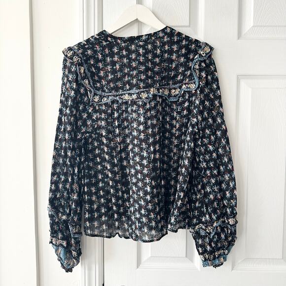 Free People Jenna Printed Blouse Night Combo Tie Neck Peasant Ruffle Boho Small - Picture 9 of 9